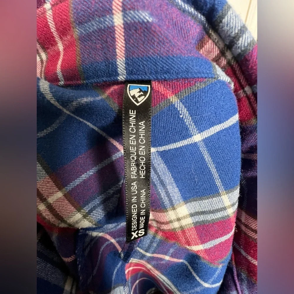 Kuhl Women’s X Small Alina Flannel Shirt Blue Plaid Long Sleeve Button Up Top XS